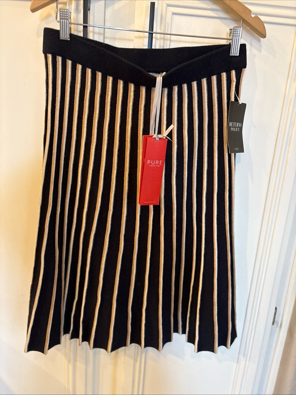 NWTPure Collection Blue White Striped Wool Cashmere A-Line Skirt Pleated Soft M